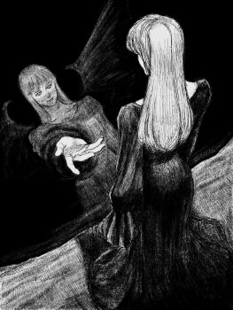 black_dress black_hair blunt_bangs different_reflection dress greyscale highres long_hair looking_at_viewer monochrome original reaching reflection reflective_liquid tp_p_pt