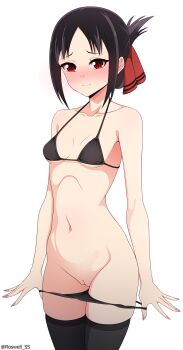 1girl absurdres alternate_costume artist_name bikini bikini_pull black_bikini black_thighhighs blush breasts clothes_pull collarbone cowboy_shot embarrassed fingernails highres huge_filesize kaguya-sama_wa_kokurasetai_~tensai-tachi_no_renai_zunousen~ legs_together light_smile long_fingernails looking_at_viewer nail_polish navel parted_bangs pink_nails pussy roswell_ss shinomiya_kaguya skindentation small_breasts solo standing swimsuit thighhighs