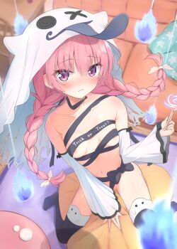 1girl :< absurdres alternate_costume areola_slip armpit_crease bare_shoulders between_legs black_bow black_ribbon black_thighhighs blunt_bangs blurry blurry_background blush bow braid breasts breasts_apart candy closed_mouth collarbone commentary_request covered_erect_nipples detached_sleeves eyes_visible_through_hair food foreshortening frown full_body ghost_costume hair_between_eyes hair_ornament halloween halloween_costume hand_between_legs hand_up highres holding holding_candy holding_food holding_lollipop lollipop long_hair long_sleeves looking_at_viewer low_twintails mitsukasa_ayase naked_ribbon navel no_shoes nose_blush official_alternate_hairstyle on_pillow pink_hair purple_eyes ribbon riddle_joker sheet_ghost sitting skindentation small_breasts solo stomach thighhighs trick_or_treat tsubatyissimo2 twin_braids twintails very_long_hair wariza white_sleeves wide_sleeves wing_hair_ornament
