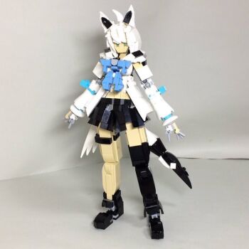 Rule 34 | 1girl, animal ears, black boots, black skirt, black thighhighs, blue neckerchief, boots, fox ears, fox girl, fox tail, full body, green eyes, hololive, lego (medium), looking ahead, nanoka boozu, neckerchief, shadow, shirakami fubuki, shirakami fubuki (1st costume), shirt, single thighhigh, skirt, solo, standing, tail, thigh strap, thighhighs, unconventional media, virtual youtuber, white hair, white shirt