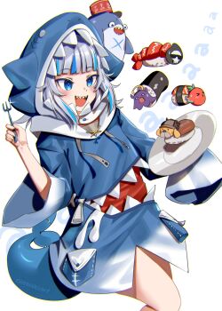 1girl animal_costume animal_hood artist_name blue_eyes blue_hair blue_hoodie blue_tail blunt_bangs blush breasts character_request colored_eyelashes commentary cowboy_shot english_commentary enma_(enmanuelart) fins fish_tail food fork gawr_gura hand_up highres holding holding_fork holding_plate hololive hololive_english holomyth hood hood_up hoodie letter long_sleeves looking_at_object makizushi medium_breasts multicolored_hair open_mouth plate shark_costume shark_girl shark_hood shark_tail sharp_teeth sleeves_past_fingers sleeves_past_wrists solo_focus sparkle sushi tail teeth tongue two-tone_hair upper_teeth_only virtual_youtuber white_background white_hair wide_sleeves zipper_pull_tab