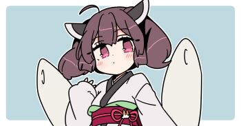 Rule 34 | 1girl, ahoge, blue background, blush, border, brown hair, closed mouth, dot nose, hand up, headgear, ini (inunabe00), japanese clothes, kimono, long sleeves, looking at viewer, obi, outline, outside border, red eyes, red sash, sash, short hair, simple background, sleeves past wrists, solo, touhoku kiritan, upper body, voiceroid, white border, white kimono, white outline, wide sleeves