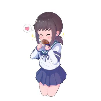 Rule 34 | 1girl, absurdres, black hair, blue sailor collar, blue skirt, breasts, closed eyes, commentary request, cowboy shot, cropped legs, croquette, eating, fubuki (kancolle), heart, highres, kantai collection, layered sleeves, long sleeves, low ponytail, medium breasts, pleated skirt, ponytail, sailor collar, sailor shirt, school uniform, serafuku, shirt, short over long sleeves, short sleeves, sidelocks, simple background, skirt, smile, solo, sparkle, spoken heart, standing, white background, white shirt, yoko hata