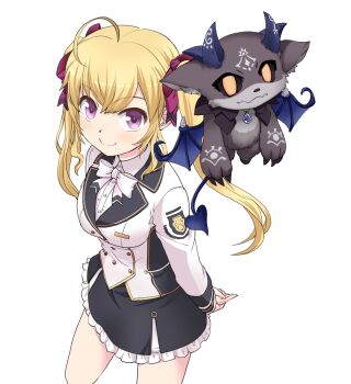 1girl 1other ahoge black_skirt blazer blonde_hair blush bow bowtie breasts buttons closed_mouth commentary_request cowboy_shot creature debidebi_debiru double-breasted double-parted_bangs fang frilled_skirt frills hair_ribbon haniwa_(leaf_garden) jacket long_hair long_sleeves looking_at_viewer medium_breasts miniskirt nijisanji parted_hair purple_eyes ribbon school_uniform shirt simple_background skin_fang skirt smile takamiya_rion takamiya_rion_(1st_costume) transparent_background twintails virtual_youtuber white_bow white_bowtie white_jacket white_shirt