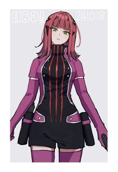 1girl absurdres border breasts commentary dated elbow_gloves gloves green_eyes grey_background gun happy_birthday headphones heattech_leotard highres holding holding_gun holding_weapon jacket katori_squad&#039;s_uniform katori_youko leotard medium_breasts purple_gloves purple_jacket purple_thighhighs red_hair solo t0r4_x3 thighhighs turtleneck weapon white_border world_trigger