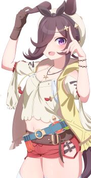 1girl absurdres alternate_costume alternate_hairstyle atelier_(series) atelier_ryza atelier_ryza_1 belt beret black_hair blush breasts cleavage commentary_request cosplay hair_over_one_eye hat highres hokuyukis horse_girl jacket jewelry looking_at_viewer necklace potion purple_eyes reisalin_stout reisalin_stout_(cosplay) rice_shower_(umamusume) short_hair shorts small_breasts solo thighhighs umamusume white_background