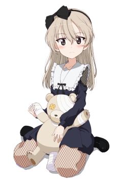 1girl blonde_hair blush boko_(girls_und_panzer) brown_eyes closed_mouth collarbone fishnet_pantyhose fishnets full_body girls_und_panzer gothic_lolita hairband holding holding_stuffed_toy kayabakoro lolita_fashion long_hair looking_at_viewer pantyhose shimada_arisu simple_background solo stuffed_animal stuffed_toy white_background