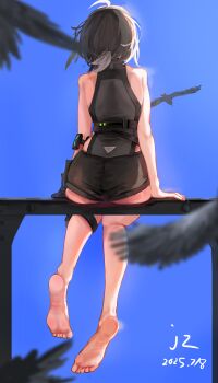 1girl absurdres animal arknights ass bare_shoulders barefoot bird black_bird black_hair black_shirt black_shorts chinese_commentary commentary_request dated day facing_away feet from_behind full_body highres la_pluma_(arknights) shirt short_hair short_shorts shorts sitting sleeveless sleeveless_shirt soles solo toes woshijuezhu