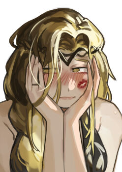 1girl absurdres bare_shoulders black_dress blonde_hair blush braid dress elden_ring hair_over_one_eye hands_on_own_head highres lipstick_mark lipstick_mark_on_face long_hair looking_to_the_side miao_jiangyou nose_blush queen_marika_the_eternal rope_braid single_braid solo white_background