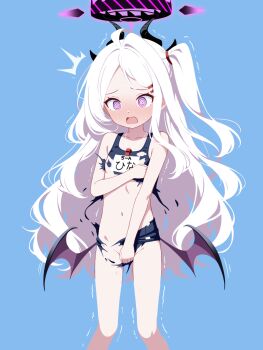 @_@ ahoge black_halo blue_archive blue_background blush breasts demon_girl demon_horns demon_wings halo highres hina_(blue_archive) hina_(swimsuit)_(blue_archive) horns loli long_hair low_wings navel old_school_swimsuit open_mouth purple_eyes school_swimsuit shishiejo_(sisieho1) simple_background small_breasts swimsuit very_long_hair white_hair wings