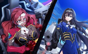 1girl artist_request ascot black_hair blue_bodysuit blue_eyes bodysuit breasts carly_disel code_geass code_geass:_lost_stories game_cg gun highres holding holding_gun holding_weapon knightmare_frame large_breasts long_hair maya_disel mecha mole mole_under_mouth non-web_source official_art open_mouth pendulum_(code_geass) red_bodysuit red_hair robot short_hair teeth weapon white_ascot