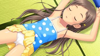 1girl armpits blue_camisole brown_hair cameltoe camisole closed_eyes clothes_lift collarbone flat_chest game_cg hair_ornament highres indoors layered_skirt loli long_hair non-web_source nonohara_miki on_floor one-piece_tan open_mouth panties polka_dot polka_dot_camisole polka_dot_skirt sayama_chie shoujo_ramune skirt skirt_lift sleeping solo spaghetti_strap tan tanline underwear white_panties x_hair_ornament yellow_skirt