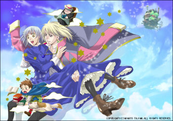 00s 2boys 2girls ankle_boots blonde_hair book boots brown_hair carrying castle chair day dog dress earrings flying heen hexagram howl howl_no_ugoku_shiro howl_pendragon jacket jewelry leggings markl multiple_boys multiple_girls open_mouth pendant petticoat silver_hair sky sleeve_cuffs smile sophie sophie_hatter_(howl_no_ugoku_shiro) sparkle star_of_david studio_ghibli tajima_minato witch_of_the_waste