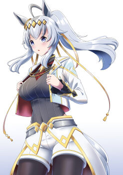 1girl absurdres ahoge animal_ears blue_eyes blush breasts brooch clothing_cutout commentary covered_navel cropped_jacket ear_ornament english_commentary grey_hair grey_leotard grey_tail hair_between_eyes hair_ornament hair_ribbon hairband highres hip_vent horse_ears horse_girl horse_tail jacket jewelry large_breasts leotard long_hair long_sleeves multicolored_hair neckerchief official_alternate_costume oguri_cap_(cinderella_gray)_(umamusume) oguri_cap_(umamusume) overskirt parted_lips ponytail red_neckerchief ribbon shorts solo star_brooch sudhiro_sappurisa tail umamusume umamusume:_cinderella_gray white_jacket white_shorts