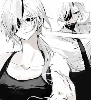 1girl black_necktie black_shirt chainsaw_man cigarette eyepatch highres holding holding_cigarette mizu1202001 necktie prehensile_hair quanxi_(chainsaw_man) shirt shirt_tucked_in sleeveless sleeveless_shirt smoking white_hair