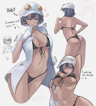 1girl absurdres aether_foundation_employee aether_foundation_employee_(female) aether_foundation_uniform black_bra black_hair black_panties bob_cut bra breasts brown_hair calmgreentori dark-skinned_female dark_skin gloves hat highres nintendo open_mouth panties pokemon pokemon_sm short_hair short_sleeves smile underwear white_gloves white_hat