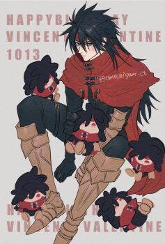 1boy armored_boots birthday black_gloves black_hair black_pants blush boots cape character_doll character_name cloak commentary_request doll final_fantasy final_fantasy_vii foot_out_of_frame gauntlets gloves grey_background hair_between_eyes happy_birthday headband highres long_hair male_focus omochigame_ct pants red_cape red_cloak red_eyes red_headband single_gauntlet single_glove sitting solo spiked_hair twitter_username vincent_valentine
