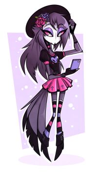 1girl bird_girl boots demon_girl fingerless_gloves flower gloves hair_flower hair_ornament hat hellaverse helluva_boss high_heel_boots high_heels highres madelezabeth octavia_(helluva_boss) owl_girl phone purple_hair red_eyes skirt thighhighs