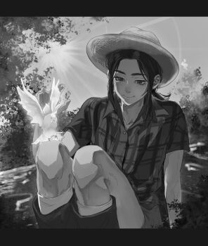 Rule 34 | 1girl, absurdres, bird, black border, boots, border, breasts, closed mouth, feet out of frame, gabi braun, greyscale, hashtag-only commentary, hat, highres, letterboxed, low ponytail, medium breasts, monochrome, parted bangs, plaid clothes, plaid shirt, ponytail, shingeki no kyojin, shirt, short sleeves, shorts, sitting, sleeptight0801, smile, socks, solo, straw hat, sunlight, white socks