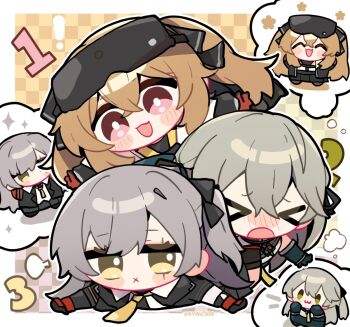 ! >_< 3girls :d ^_^ artist_name black_gloves black_jacket black_ribbon black_shorts black_skirt blush blush_stickers brown_hair checkered_background chibi chibi_only closed_eyes closed_mouth collared_shirt crossed_bangs double-parted_bangs elbow_gloves expressionless frown girls'_frontline girls'_frontline_2:_exilium gloves green_eyes green_gloves grey_hair guest_art hair_between_eyes hair_ribbon happy_aura head-mounted_display imagining jacket kyou_039 lainie_(girls'_frontline_2) lenna_(girls'_frontline_2) leva_(girls'_frontline_2) long_hair lying multiple_girls necktie nose_blush notice_lines numbered on_stomach one_side_up open_clothes open_jacket open_mouth pink_eyes pleated_skirt puff_of_air red_gloves ribbon scar scar_across_eye scar_on_face shirt shorts skirt smile sparkle speech_bubble tareme thought_bubble twintails twitter_username ump40_(girls'_frontline) ump45_(girls'_frontline) ump9_(girls'_frontline) white_shirt x_mouth yellow_eyes yellow_necktie