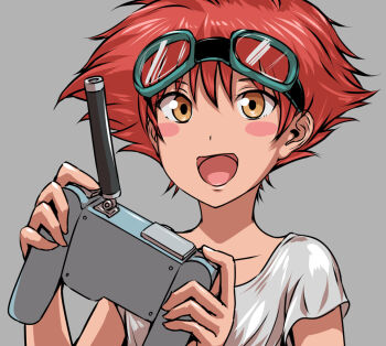 Rule 34 | 1girl, :d, androgynous, blush stickers, close-up, commentary, controller, cowboy bebop, edward wong hau pepelu tivrusky iv, goggles, goggles on head, grey background, hair between eyes, holding, holding remote control, looking ahead, open mouth, portrait, radio antenna, raseruta, red hair, remote control, shirt, short hair, short sleeves, simple background, smile, solo, t-shirt, tomboy, two-handed, white shirt, yellow eyes