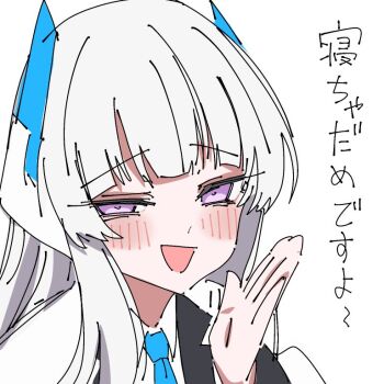 1girl blue_archive blue_necktie blush breasts japanese_text necktie noa_(blue_archive) ohajiki_0000 purple_eyes shirt simple_background solo twitter white_background white_hair white_shirt