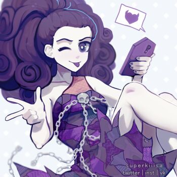 1girl ;p absurdres artist_name cellphone chain commentary curly_hair dress english_commentary eyelashes heart highres holding holding_phone lily_(superkiiisa) limited_palette long_hair monster_high one_eye_closed pale_skin patchwork_clothes phone purple_theme simple_background skull_ornament sleeveless sleeveless_dress smartphone smile solo spectra_vondergeist tongue tongue_out w white_background