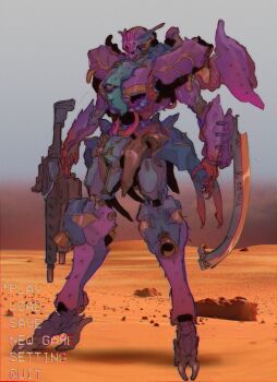 absurdres assault_rifle commentary desert english_commentary full_body gun highres holding holding_gun holding_weapon mecha ministerovvox no_humans original rifle robot solo user_interface weapon
