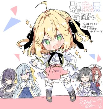 5girls ahoge anisphia_wynn_palettia ascot black_boots black_dress black_hair black_ribbon blonde_hair blue_hair blue_skirt blush boots chibi coat commentary_request dress euphyllia_magenta green_eyes hair_ribbon hat highres ilia_coral jacket juliet_sleeves lainie_cyan long_hair long_sleeves maid medium_hair multiple_girls neck_ribbon open_mouth pink_skirt puffy_sleeves purple_dress purple_eyes red_eyes red_hair ribbon shirt skirt smile sparkle takeshima_eku tensei_oujo_to_tensai_reijou_no_mahou_kakumei thighhighs tilty_claret translation_request white_ascot white_coat white_dress white_hat white_jacket white_shirt white_thighhighs