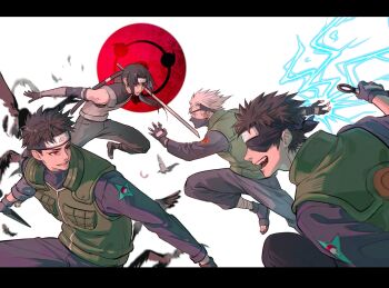 4boys black_border black_feathers black_gloves black_hair border commentary curtained_hair electricity electrokinesis falling_feathers feathers fighting fingerless_gloves flak_jacket forehead_protector gloves hatake_kakashi highres holding holding_kunai holding_weapon jacket konohagakure_anbu_uniform konohagakure_shinobi_uniform konohagakure_symbol kunai letterboxed looking_at_another male_focus momoyoru1 multiple_boys naruto_(series) naruto_shippuuden open_mouth parted_lips red_eyes sharingan short_hair simple_background teeth uchiha_itachi uchiha_obito uchiha_shisui uchiha_symbol weapon white_background white_hair