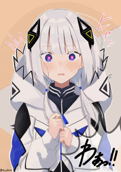 1girl absurdres blush cevio hair_between_eyes hair_ornament highres hood hood_down hooded_jacket jacket kafu_(cevio) kamitsubaki_studio koshka_pic long_sleeves looking_at_viewer low_twintails multicolored_eyes solo sweat twintails twitter_username upper_body white_hair