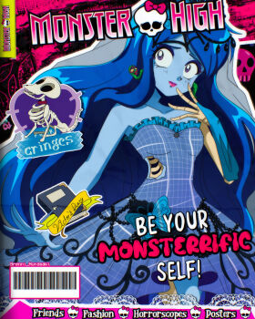 1990s_(style) 1girl bare_shoulders black_hair blue_hair blue_skin breasts brenni_murasaki bridal_veil bride cleavage colored_skin commentary corpse_bride cosplay dress emily_(corpse_bride) english_commentary flower hair_ornament highres long_hair looking_at_viewer monster_high parody retro_artstyle skeletal_arm smile solo undead veil wedding_dress