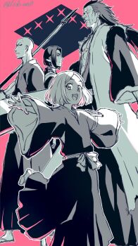 1girl 3boys ayasegawa_yumichika bald bleach bleach:_sennen_kessen-hen blush_stickers commentary_request eyeliner facial_scar frown hakama haori highres holding holding_polearm holding_weapon houzukimaru_(shikai) japanese_clothes kusajishi_yachiru lido_an0 limited_palette long_hair madarame_ikkaku makeup multiple_boys open_mouth outstretched_arms pink_background polearm sandals scar scar_across_eye scar_on_cheek scar_on_face scar_on_mouth shihakusho short_hair smile spear standing standing_on_one_leg taichou_haori twitter_username weapon zaraki_kenpachi