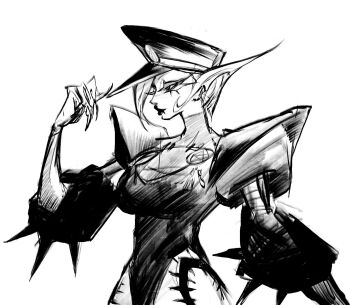 1girl casa_corvo fingernails from_side gachiakuta hat highres leotard long_fingernails long_sleeves monochrome peaked_cap puffy_sleeves sketch solo too_lily upper_body