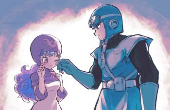 1boy 1girl belt black_bodysuit blue_eyes blue_gloves blue_hat blue_tunic blush bodysuit breasts commentary_request cousins curly_hair dragon_quest dragon_quest_ii finger_to_another's_cheek gloves goggles goggles_on_headwear hat highres long_hair looking_at_another medium_breasts one_eye_closed pink_eyes pink_hood prince_of_lorasia princess_of_moonbrook purple_hair robe sawarabi_(sawarabi725) tears tunic upper_body white_robe