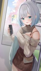 Rule 34 | 1girl, absurdres, bag, bare shoulders, blue eyes, blunt bangs, breasts, brown skirt, cellphone, cherry blossoms, cleavage, green eyes, grey hair, grey sweater, grey undershirt, handbag, highres, holding, holding phone, horo 27, kaga sumire, looking at viewer, miniskirt, mole, mole under eye, off-shoulder sweater, off shoulder, open mouth, phone, plaid, plaid skirt, ribbed sweater, see-through, see-through shirt, shawl, short hair, skirt, smartphone, smile, solo, sweater, train interior, virtual youtuber, vspo!