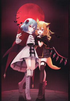 2girls absurdres alternate_costume animal_ears artist_name black_thighhighs blonde_hair blue_hair boots crinoline flandre_scarlet flower frilled_skirt frills full_body full_moon hair_flower hair_ornament highres hiwokawa huge_moon kemonomimi_mode looking_at_viewer moon multiple_girls non-web_source pointy_ears red_eyes red_flower red_moon red_nails red_rose remilia_scarlet rose short_hair side_ponytail single_thighhigh skirt smile thigh_strap thighhighs touhou twitter_username wings