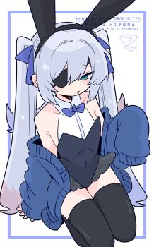 1boy :o animal_ear_hairband animal_ears armpit_crease bare_shoulders black_hairband black_leotard black_thighhighs blue_bow blue_bowtie blue_cardigan blue_eyes blush bow bowtie bulge cardigan collarbone commentary covered_navel crossdressing crossdressing_(mtf) earclip eyepatch fake_animal_ears flat_chest flipped_hair from_above full_body hair_between_eyes hair_bow hairband hand_up highres leotard long_hair looking_at_viewer male_focus male_playboy_bunny narrowed_eyes no_nose one_eye_covered op_na_yarou open_cardigan open_clothes original parted_lips playboy_bunny rabbit_ear_hairband rabbit_ears raised_inner_eyebrows rigel_(op_na_yarou) seiza sidelocks simple_background sitting sleeves_past_fingers sleeves_past_wrists solo thighhighs thighs trap twintails very_long_hair watermark white_background white_hair