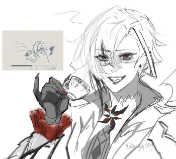 1girl arlecchino_(genshin_impact) black_nails coat colored_extremities colored_skin cup earrings fang fingernails genshin_impact grey_skin grin hair_between_eyes hand_up highres holding holding_cup jewelry long_sleeves multiple_rings official_art_inset official_art_redraw partially_colored pinky_out red_nails red_pupils reference_inset ring sharp_fingernails single_wing sketch smile solo stud_earrings symbol-shaped_pupils tsukuyo_90929 upper_body wings x-shaped_pupils