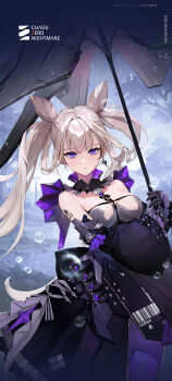 1girl absurdres barcode black_dress black_gloves black_umbrella blonde_hair breasts bria_(chaos_zero_nightmare) chaos_zero_nightmare closed_mouth clothing_cutout commentary cone_hair_bun copyright_logo copyright_name cowboy_shot double_bun dress earrings english_commentary frilled_dress frills gloves hair_between_eyes hair_bun highres holding holding_umbrella jewelry light_frown logo lolita_fashion long_hair long_sleeves looking_at_viewer medium_breasts official_art official_wallpaper pantyhose piercing puffy_long_sleeves puffy_sleeves purple_dress purple_eyes purple_pantyhose rain ring_piercing ringed_eyes shoulder_cutout solo star_(symbol) star_earrings symbol-shaped_pupils tree twintails two-tone_dress umbrella water_drop