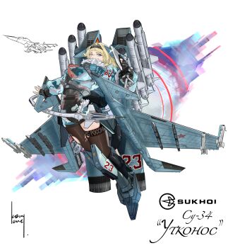 1girl absurdres air-to-air_missile air-to-surface_missile aircraft airplane asymmetrical_legwear blonde_hair blue_eyes fighter_jet fingerless_gloves full_body gloves hairband highres kerry_leng looking_at_viewer mecha mecha_musume military_vehicle missile missiles personification robot signature simple_background solo su-34 thighhighs war_thunder