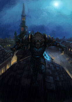 1boy absurdres animal_ears armor cloud.k death_knight full_moon furry furry_male glowing highres knight male_focus moon pauldrons rain scenery shoulder_armor solo sword tail warcraft weapon werewolf wolf wolf_ears wolf_tail worgen world_of_warcraft
