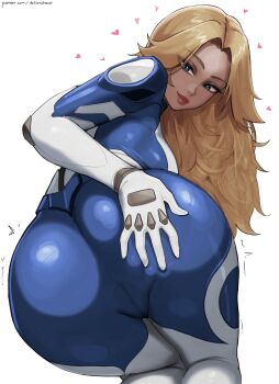 1girl aelion_draws artist_name ass bent_over blonde_hair blue_eyes bodysuit cameltoe eyelashes eyeshadow fantastic_four grabbing_own_ass hand_on_own_ass heart highres kneeling lips long_hair looking_at_viewer looking_back makeup marvel marvel_rivals multicolored_bodysuit patreon_username solo sue_storm two-tone_bodysuit