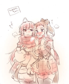 2girls ???_(assault_lily) ahoge assault_lily belt black_thighhighs blue_eyes blush bow-shaped_hair breath brown_background brown_belt brown_hair brown_jacket brown_skirt closed_mouth commentary_request corset cowboy_shot frilled_skirt frills gradient_background hand_up hands_up heterochromia high_ponytail ichinomiya_michaela_himari jacket juliet_sleeves long_hair long_sleeves looking_ahead ludvico_private_girls&#039;_academy_school_uniform medium_hair multiple_girls nose_blush open_mouth pale_color parted_bangs pink_hair plaid_clothes plaid_scarf ponytail puffy_sleeves red_eyes red_scarf santouka scarf school_uniform shared_clothes shared_scarf shirt side-by-side skirt sleeves_past_wrists standing thighhighs translation_request underbust very_long_hair white_background white_shirt wide_sleeves yuri zettai_ryouiki