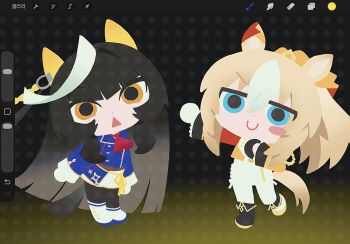 2girls ahoge animal_ears art_program_in_frame asymmetrical_footwear black_hair blonde_hair blue_eyes blue_jacket calstone_light_o_(umamusume) chibi commentary doyagao durandal_(umamusume) ear_covers flat_color gradient_background gradient_hair highres hime_cut horse_ears horse_girl horse_tail jacket korean_text long_hair looking_at_viewer mismatched_footwear multicolored_hair multiple_girls ooo8_q polka_dot polka_dot_background ponytail procreate_(medium) single_ear_cover smile smug symbol-only_commentary tail triangle_mouth two-tone_hair umamusume very_long_hair yellow_eyes