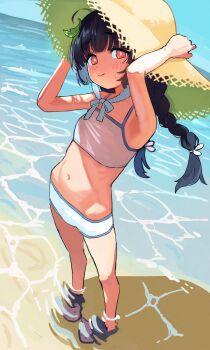 1girl armpits beach bikini black_hair blue_archive closed_mouth crocs flat_chest full_body hat highres knees loli miyu_(blue_archive) miyu_(swimsuit)_(blue_archive) navel smile solo standing stomach suki_byun sun_hat swimsuit wading water