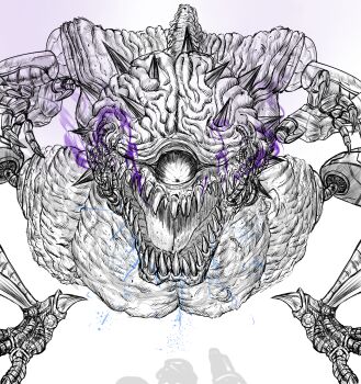 alien arm_cannon biomechanical brain claws commentary_request greyscale highres jaws light_trail metroid monochrome monster mother_brain nintendo one-eyed open_mouth rei1123 saliva samus_aran science_fiction screaming shadow sharp_teeth simple_background smoke_from_mouth spikes spot_color super_metroid teeth weapon white_background