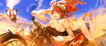 1girl artist_name bikini bird body_freckles breast_freckles breasts camouflage camouflage_bikini freckles goggles goggles_on_head headphones highres large_breasts long_hair mechanical_antennae motor_vehicle motorcycle mylovejuliet on_motorcycle original outdoors penguin red_hair revealing_clothes signature smile swimsuit truck_(nifast_(greentail)) two_side_up