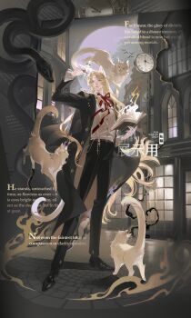 1boy absurdres animal animal_ears blonde_hair brown_jacket building cat cat_boy cat_ears chromatic_aberration ershisi_shao_qing forehead_jewel full_body heterochromia highres holding jacket lips long_hair long_sleeves looking_at_viewer male_focus original pants parted_bangs parted_lips shirt snake solo standing watermark white_shirt