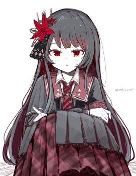 1girl black_hair black_shirt black_skirt blunt_bangs closed_mouth collared_shirt commentary_request crown ebizou_(ebizou00) expressionless feet_out_of_frame flower hair_flower hair_ornament highres knees_up long_hair long_sleeves looking_at_viewer mahou_shoujo_no_majo_saiban necktie nikaido_hiro pleated_skirt red_eyes red_flower red_necktie shirt simple_background sitting skirt solo twitter_username white_background